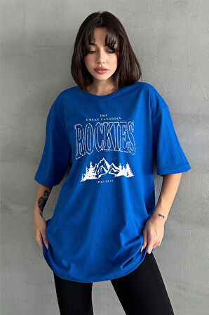 Kadın Rockies Baskılı Bisiklet Yaka Oversize T-Shirt