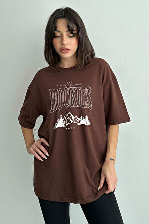 Kadın Rockies Baskılı Bisiklet Yaka Oversize T-Shirt