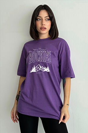 Kadın Rockies Baskılı Bisiklet Yaka Oversize T-Shirt