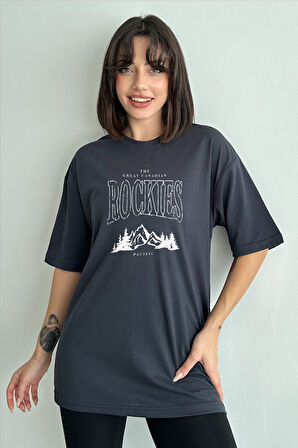 Kadın Rockies Baskılı Bisiklet Yaka Oversize T-Shirt