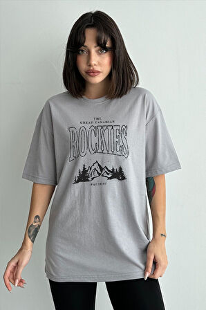 Kadın Rockies Baskılı Bisiklet Yaka Oversize T-Shirt