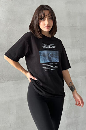 Kadın Eternal Love Baskılı Bisiklet Yaka Oversize T-Shirt