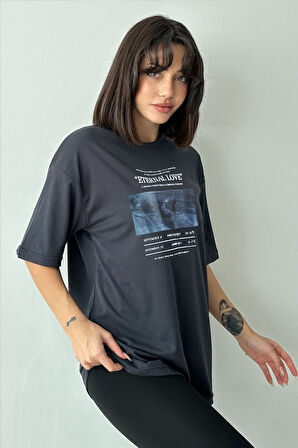 Kadın Eternal Love Baskılı Bisiklet Yaka Oversize T-Shirt