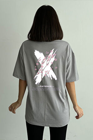 Kadın X Patience Baskılı Bisiklet Yaka Oversize T-Shirt