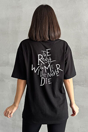 Kadın The Rebel Baskılı Bisiklet Yaka Oversize T-Shirt