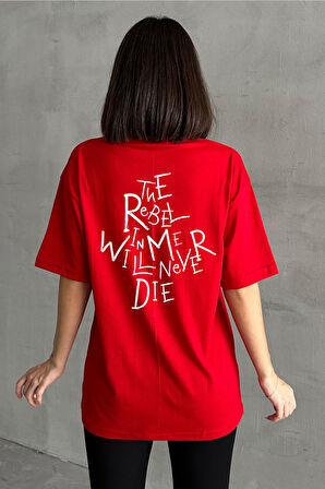 Kadın The Rebel Baskılı Bisiklet Yaka Oversize T-Shirt