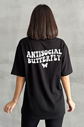 Kadın Antisocial Butterfly Baskılı Bisiklet Yaka Oversize T-Shirt