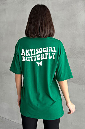 Kadın Antisocial Butterfly Baskılı Bisiklet Yaka Oversize T-Shirt