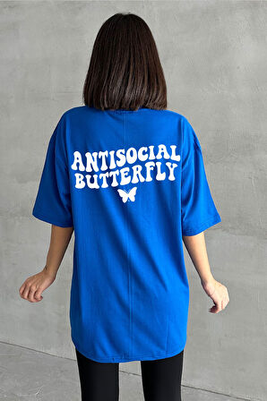 Kadın Antisocial Butterfly Baskılı Bisiklet Yaka Oversize T-Shirt