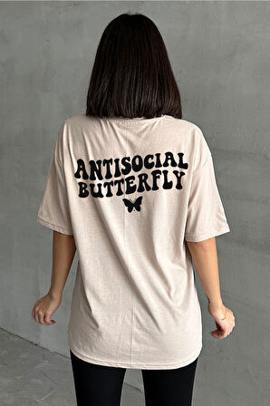 Kadın Antisocial Butterfly Baskılı Bisiklet Yaka Oversize T-Shirt