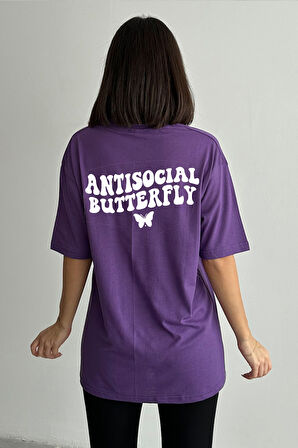 Kadın Antisocial Butterfly Baskılı Bisiklet Yaka Oversize T-Shirt