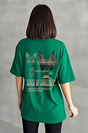 Kadın Mysterious Kelebek Baskılı Bisiklet Yaka Oversize T-Shirt