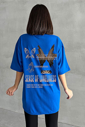 Kadın Mysterious Kelebek Baskılı Bisiklet Yaka Oversize T-Shirt