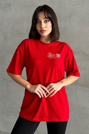 Kadın Limited Time Baskılı Bisiklet Yaka Oversize T-Shirt
