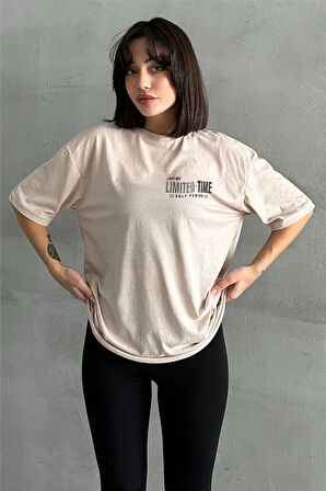 Kadın Limited Time Baskılı Bisiklet Yaka Oversize T-Shirt