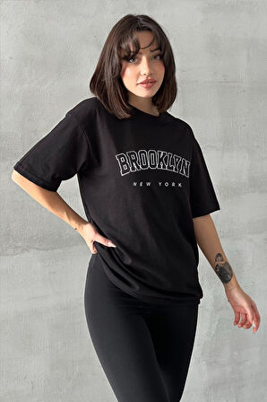 Kadın Brooklyn New York Baskılı Bisiklet Yaka Oversize T-Shirt