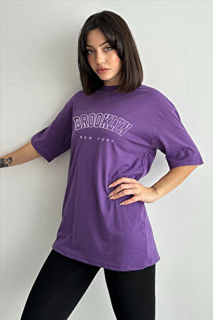 Kadın Brooklyn New York Baskılı Bisiklet Yaka Oversize T-Shirt