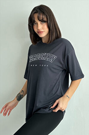 Kadın Brooklyn New York Baskılı Bisiklet Yaka Oversize T-Shirt