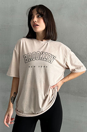 Kadın Brooklyn New York Baskılı Bisiklet Yaka Oversize T-Shirt