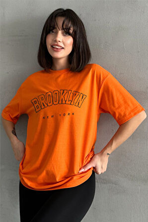 Kadın Brooklyn New York Baskılı Bisiklet Yaka Oversize T-Shirt