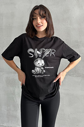 Kadın Super Peluş Tavşan Baskılı Bisiklet Yaka Oversize T-Shirt