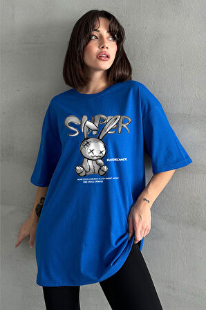 Kadın Super Peluş Tavşan Baskılı Bisiklet Yaka Oversize T-Shirt