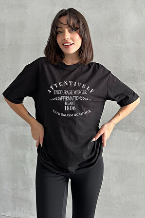 Kadın Attentively Baskılı Bisiklet Yaka Oversize T-Shirt