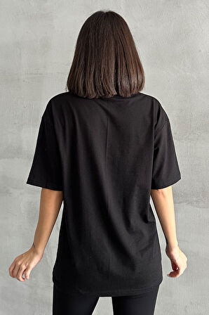 Kadın Attentively Baskılı Bisiklet Yaka Oversize T-Shirt