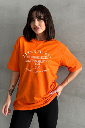 Kadın Attentively Baskılı Bisiklet Yaka Oversize T-Shirt