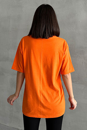Kadın Attentively Baskılı Bisiklet Yaka Oversize T-Shirt