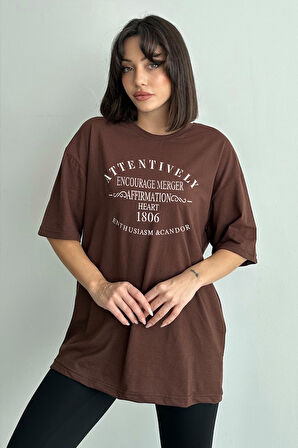 Kadın Attentively Baskılı Bisiklet Yaka Oversize T-Shirt