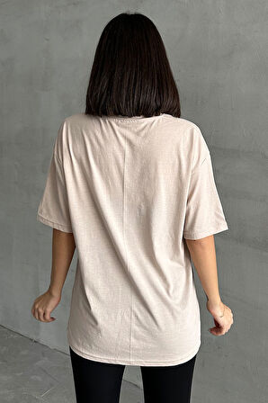 Kadın Attentively Baskılı Bisiklet Yaka Oversize T-Shirt