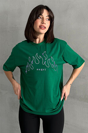 Kadın AngelBaskılı Bisiklet Yaka Oversize T-Shirt