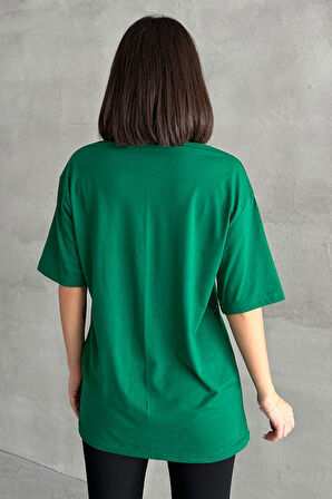 Kadın AngelBaskılı Bisiklet Yaka Oversize T-Shirt