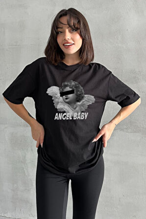 Kadın Angel Baby Baskılı Bisiklet Yaka Oversize T-Shirt