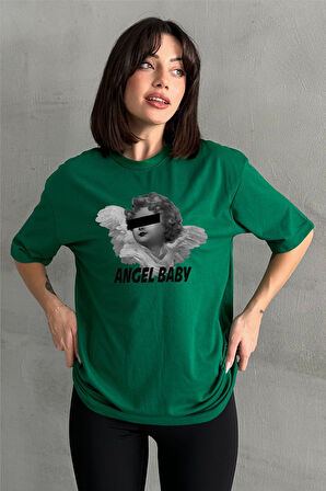 Kadın Angel Baby Baskılı Bisiklet Yaka Oversize T-Shirt