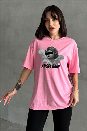Kadın Angel Baby Baskılı Bisiklet Yaka Oversize T-Shirt