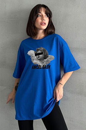 Kadın Angel Baby Baskılı Bisiklet Yaka Oversize T-Shirt
