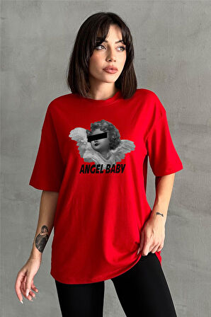 Kadın Angel Baby Baskılı Bisiklet Yaka Oversize T-Shirt