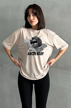 Kadın Angel Baby Baskılı Bisiklet Yaka Oversize T-Shirt