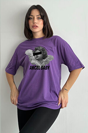 Kadın Angel Baby Baskılı Bisiklet Yaka Oversize T-Shirt
