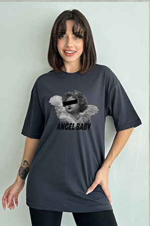 Kadın Angel Baby Baskılı Bisiklet Yaka Oversize T-Shirt