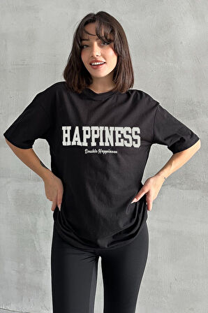 Kadın Happiness Baskılı Bisiklet Yaka Oversize T-Shirt