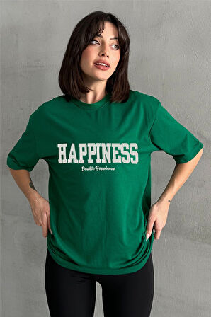 Kadın Happiness Baskılı Bisiklet Yaka Oversize T-Shirt