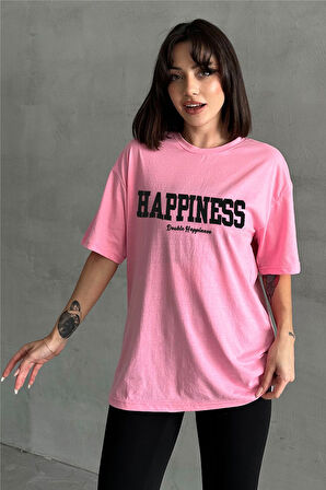 Kadın Happiness Baskılı Bisiklet Yaka Oversize T-Shirt