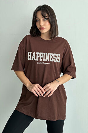 Kadın Happiness Baskılı Bisiklet Yaka Oversize T-Shirt