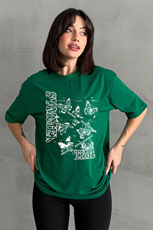 Kadın Summer Time Baskılı Bisiklet Yaka Oversize T-Shirt