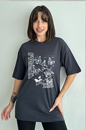 Kadın Summer Time Baskılı Bisiklet Yaka Oversize T-Shirt