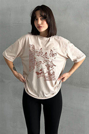 Kadın Summer Time Baskılı Bisiklet Yaka Oversize T-Shirt