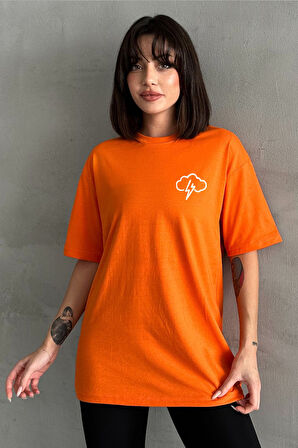 Kadın Küçük Bulut Baskılı Bisiklet Yaka Oversize T-Shirt